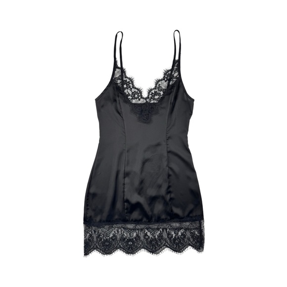 MY STYLE MODE Black Lace Trim Satin Mini Dress - Picture 1 of 9